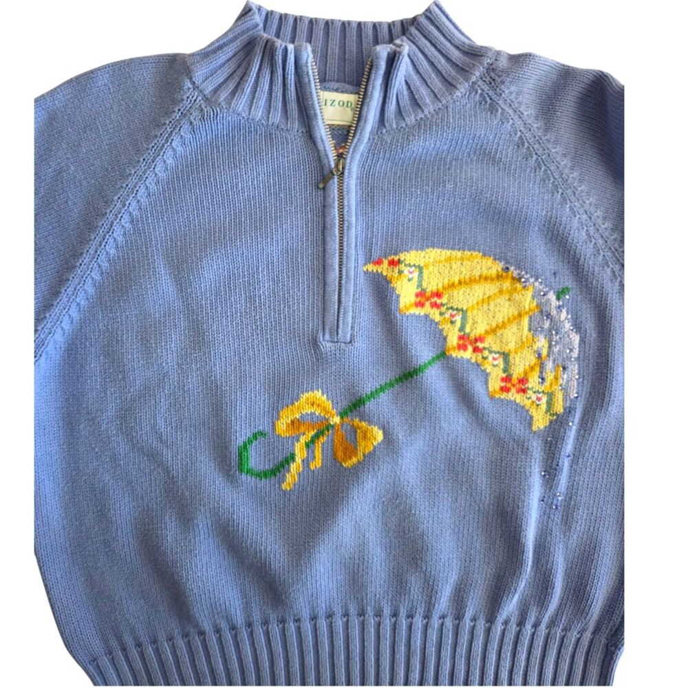 VNTG 90s Prep IZOD XL Cotton Sweater Embroidered Umbrella Blue Mock Neck 1/4 Zip - Picture 2 of 9